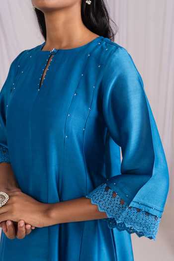 Shop_Mushio_Blue Chanderi Keyhole Neck, Yes Lace Hem Kurta 
