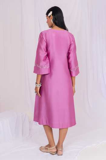 Mushio Floral Embroidered Chanderi Midi Dress 