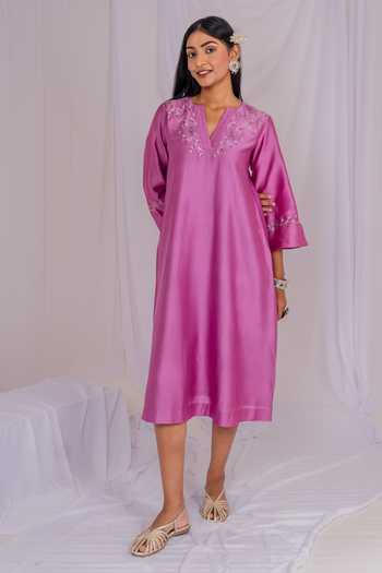 Mushio Floral Embroidered Chanderi Midi Dress 