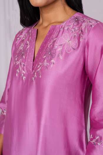 Buy Mushio Lilac Chanderi V-neck Floral Embroidered Midi Dress Buy_Mushio_Lilac Chanderi V-neck Floral Embroidered Midi Dress