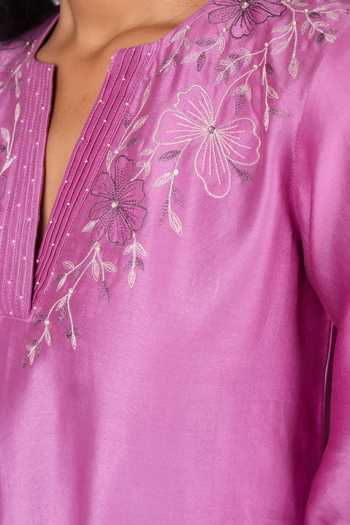 Shop Mushio Lilac Chanderi V-neck Floral Embroidered Midi Dress Shop_Mushio_Lilac Chanderi V-neck Floral Embroidered Midi Dress
