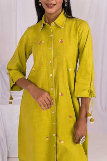 Mushio_Lime Linen Collared Neck Hand Embroidered Shirt Dress _Online_at_Aza_Fashions