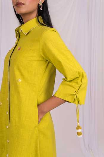 Buy_Mushio_Lime Linen Collared Neck Hand Embroidered Shirt Dress _Online_at_Aza_Fashions