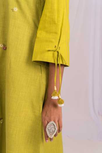 Shop_Mushio_Lime Linen Collared Neck Hand Embroidered Shirt Dress _Online_at_Aza_Fashions