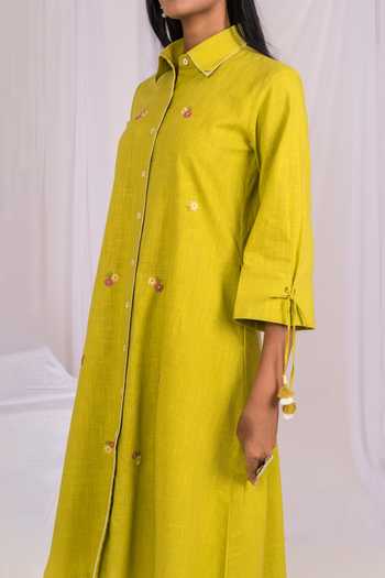 Mushio_Lime Linen Collared Neck Hand Embroidered Shirt Dress _at_Aza_Fashions