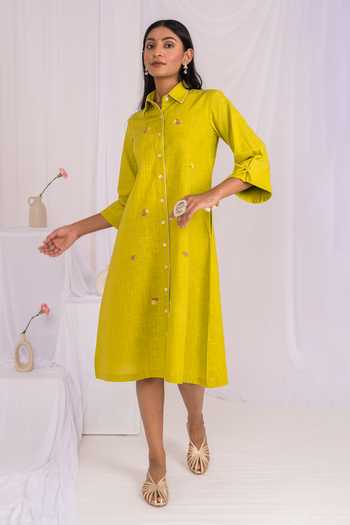 Buy_Mushio_Lime Linen Collared Neck Hand Embroidered Shirt Dress 