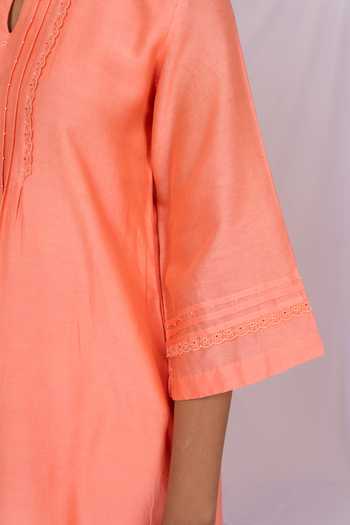 Mushio_Peach Chanderi, Silk, Cotton, Tissue Round , Keyhole Pintuck Kurta Set _Online_at_Aza_Fashions
