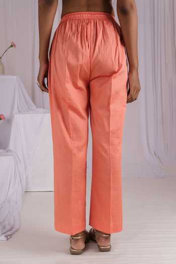 Buy_Mushio_Peach Chanderi, Silk, Cotton, Tissue Round , Keyhole Pintuck Kurta Set _Online_at_Aza_Fashions