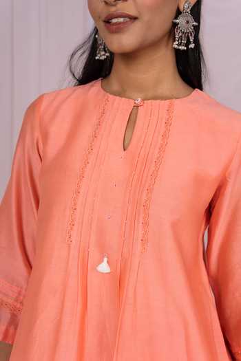 Shop_Mushio_Peach Chanderi, Silk, Cotton, Tissue Round , Keyhole Pintuck Kurta Set _Online_at_Aza_Fashions