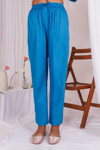 Shop_Mushio_Blue Chanderi, Silk, Cotton, Organza Keyhole Neck, Yes Lace Hem Kurta Set _Online_at_Aza_Fashions
