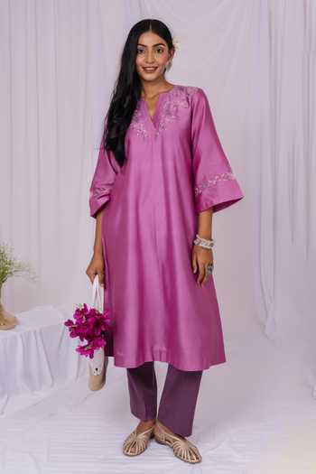 Mushio_Lilac Chanderi, Silk, Cotton V-neck, Yes Embroidered Kurta Set  _Online_at_Aza_Fashions