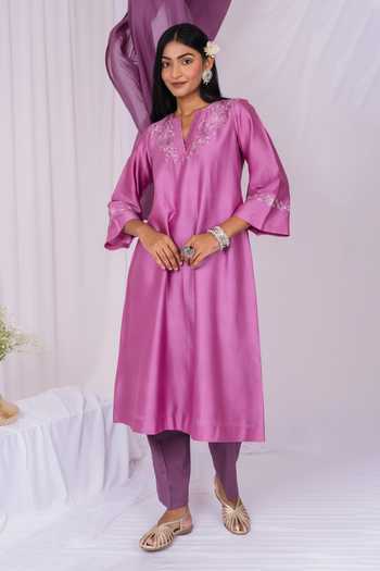 Shop_Mushio_Lilac Chanderi, Silk, Cotton V-neck, Yes Embroidered Kurta Set  _Online_at_Aza_Fashions