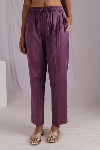 Mushio_Lilac Chanderi, Silk, Cotton V-neck, Yes Embroidered Kurta Set  _at_Aza_Fashions