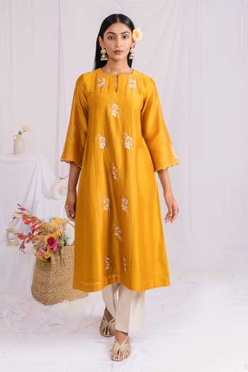 Mushio_Mustard Chanderi, Silk, Cotton, Tissue Floral Butti Embroidered Kurta Set _Online_at_Aza_Fashions