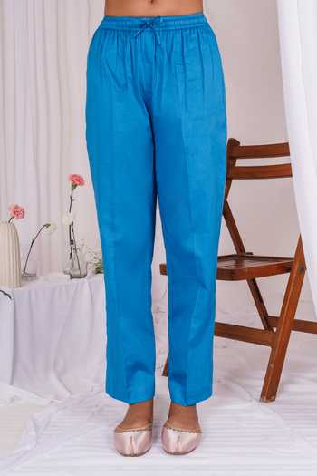 Mushio_Blue Chanderi, Silk, Cotton, Organza Keyhole Neck, Yes Lace Hem Kurta Set _Online_at_Aza_Fashions