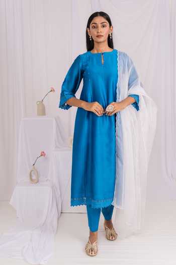 Mushio_Blue Chanderi, Silk, Cotton, Organza Keyhole Neck, Yes Lace Hem Kurta Set _at_Aza_Fashions
