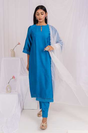 Shop_Mushio_Blue Chanderi, Silk, Cotton, Organza Keyhole Neck, Yes Lace Hem Kurta Set 
