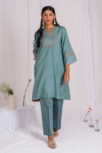 Mushio Embroidered Cotton Silk Kurta & Pant Set 