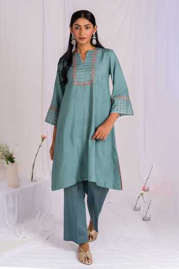 Shop_Mushio_Teal Silk, Cotton Split V-neck, Yes Embroidered Kurta And Pant Set _Online_at_Aza_Fashions