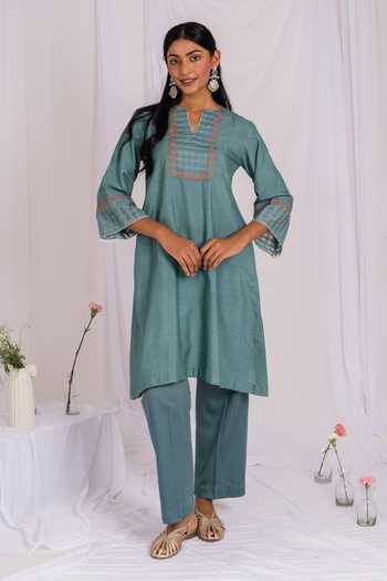 Mushio_Teal Silk, Cotton Split V-neck, Yes Embroidered Kurta And Pant Set _at_Aza_Fashions
