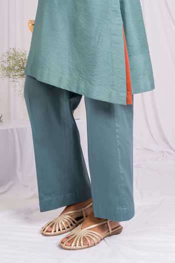 Buy_Mushio_Teal Silk, Cotton Split V-neck, Yes Embroidered Kurta And Pant Set 