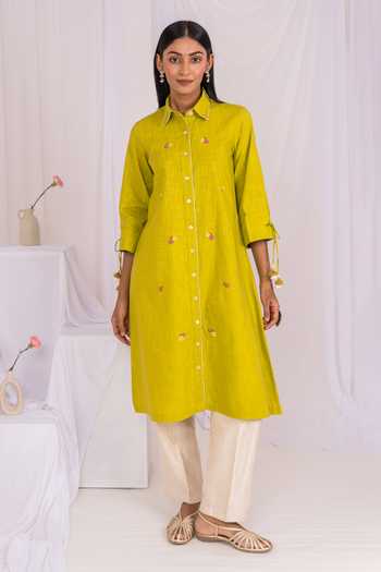 Mushio_Green Linen, Silk, Cotton Collared Neck Hand Embroidered Kurta And Pant Set _Online_at_Aza_Fashions