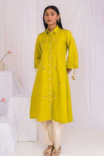 Buy_Mushio_Green Linen, Silk, Cotton Collared Neck Hand Embroidered Kurta And Pant Set _Online_at_Aza_Fashions