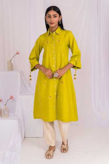 Mushio Hand Embroidered Linen Kurta & Pant Set 
