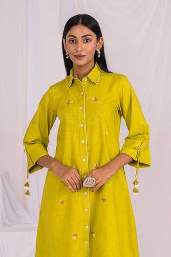 Shop_Mushio_Green Linen, Silk, Cotton Collared Neck Hand Embroidered Kurta And Pant Set _Online_at_Aza_Fashions