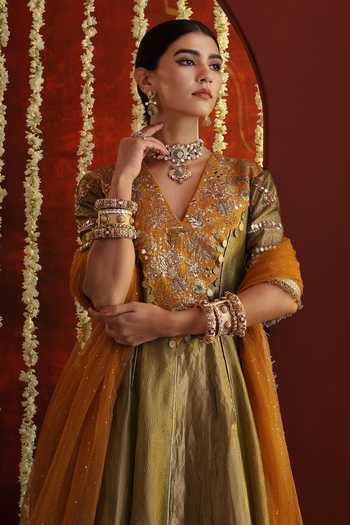 Buy Aaroh By Dolly Green Silk, Net, Tissue V-neck Sunehri Saanjh Anarkali With Dupatta Online at Aza Fashions Buy_Aaroh By Dolly_Green Silk, Net, Tissue V-neck Sunehri Saanjh Anarkali With Dupatta _Online_at_Aza_Fashions