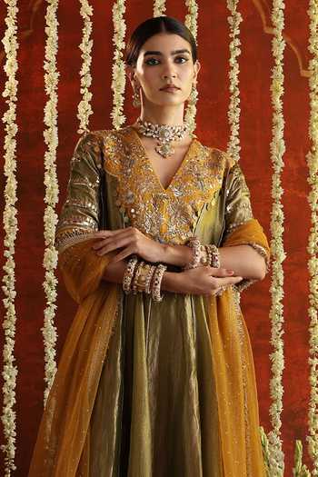 Shop Aaroh By Dolly Green Silk, Net, Tissue V-neck Sunehri Saanjh Anarkali With Dupatta Online at Aza Fashions Shop_Aaroh By Dolly_Green Silk, Net, Tissue V-neck Sunehri Saanjh Anarkali With Dupatta _Online_at_Aza_Fashions