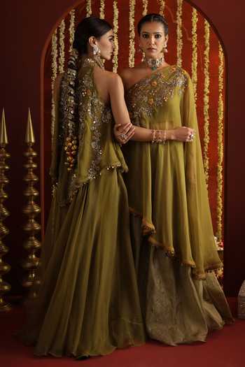 Shop Aaroh By Dolly Green Organza, Tissue, Muslin One Shoulder Sunehri Saanjh Cape Sharara Set Online at Aza Fashions Shop_Aaroh By Dolly_Green Organza, Tissue, Muslin One Shoulder Sunehri Saanjh Cape Sharara Set _Online_at_Aza_Fashions
