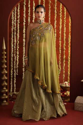 Aaroh By Dolly Green Organza, Tissue, Muslin One Shoulder Sunehri Saanjh Cape Sharara Set at Aza Fashions Aaroh By Dolly_Green Organza, Tissue, Muslin One Shoulder Sunehri Saanjh Cape Sharara Set _at_Aza_Fashions