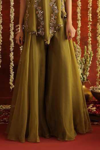 Aaroh By Dolly Green Silk, Organza Halter Neck Sunehri Saanjh Top Flared Pant Set Online at Aza Fashions Aaroh By Dolly_Green Silk, Organza Halter Neck Sunehri Saanjh Top Flared Pant Set _Online_at_Aza_Fashions