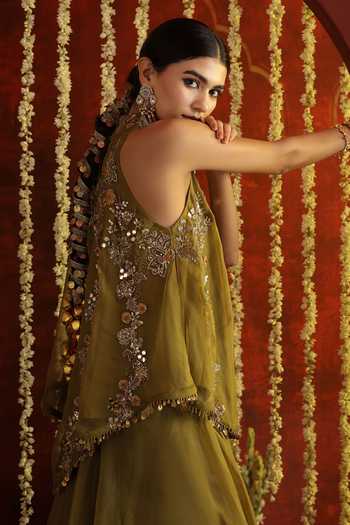 Aaroh By Dolly Green Silk, Organza Halter Neck Sunehri Saanjh Top Flared Pant Set at Aza Fashions Aaroh By Dolly_Green Silk, Organza Halter Neck Sunehri Saanjh Top Flared Pant Set _at_Aza_Fashions