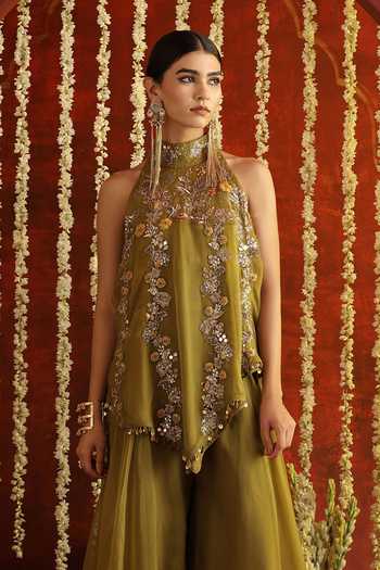 Buy Aaroh By Dolly Green Silk, Organza Halter Neck Sunehri Saanjh Top Flared Pant Set Buy_Aaroh By Dolly_Green Silk, Organza Halter Neck Sunehri Saanjh Top Flared Pant Set