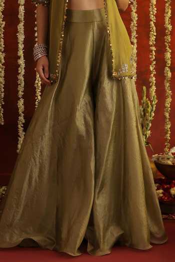 Aaroh By Dolly_Green Silk, Organza Mandarin Sunehri Saanjh Embroidered Jacket Sharara Set _Online_at_Aza_Fashions