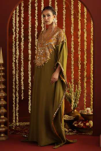 Buy Aaroh By Dolly Green Silk, Dupion V-neck Sunehri Saanjh Embroidered Kaftan Online at Aza Fashions Buy_Aaroh By Dolly_Green Silk, Dupion V-neck Sunehri Saanjh Embroidered Kaftan _Online_at_Aza_Fashions