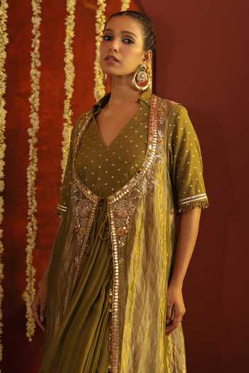 Aaroh By Dolly Green Silk, Chanderi, Tissue, Muslin Sunehri Saanjh Tie-up Jacket Palazzo Set Online at Aza Fashions Aaroh By Dolly_Green Silk, Chanderi, Tissue, Muslin Sunehri Saanjh Tie-up Jacket Palazzo Set _Online_at_Aza_Fashions