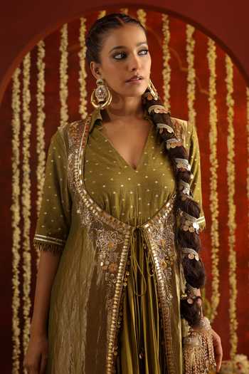 Aaroh By Dolly Green Silk, Chanderi, Tissue, Muslin Sunehri Saanjh Tie-up Jacket Palazzo Set at Aza Fashions Aaroh By Dolly_Green Silk, Chanderi, Tissue, Muslin Sunehri Saanjh Tie-up Jacket Palazzo Set _at_Aza_Fashions