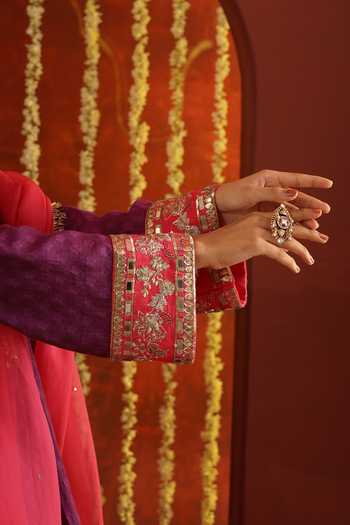Aaroh By Dolly Pink Silk, Organza, Chanderi Sunehri Saanjh Contrast Yoke Short Anarkali Set Online at Aza Fashions Aaroh By Dolly_Pink Silk, Organza, Chanderi Sunehri Saanjh Contrast Yoke Short Anarkali Set _Online_at_Aza_Fashions