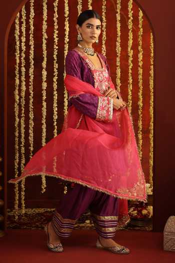Aaroh By Dolly Pink Silk, Organza, Chanderi Sunehri Saanjh Contrast Yoke Short Anarkali Set at Aza Fashions Aaroh By Dolly_Pink Silk, Organza, Chanderi Sunehri Saanjh Contrast Yoke Short Anarkali Set _at_Aza_Fashions