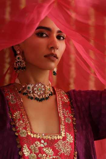 Buy Aaroh By Dolly Pink Silk, Organza, Chanderi Sunehri Saanjh Contrast Yoke Short Anarkali Set Buy_Aaroh By Dolly_Pink Silk, Organza, Chanderi Sunehri Saanjh Contrast Yoke Short Anarkali Set