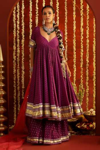 Buy Aaroh By Dolly Purple Chanderi, Organza Sweetheart Neck Sunehri Saanjh Choli Cut Anarkali Set Online at Aza Fashions Buy_Aaroh By Dolly_Purple Chanderi, Organza Sweetheart Neck Sunehri Saanjh Choli Cut Anarkali Set _Online_at_Aza_Fashions