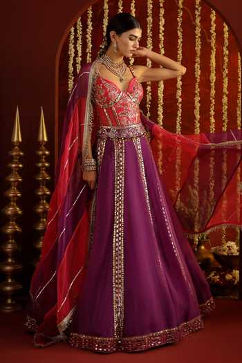 Buy Aaroh By Dolly Purple Dupion, Silk Organza Sunehri Saanjh Embroidered Corset Lehenga Set Online at Aza Fashions Buy_Aaroh By Dolly_Purple Dupion, Silk Organza Sunehri Saanjh Embroidered Corset Lehenga Set _Online_at_Aza_Fashions