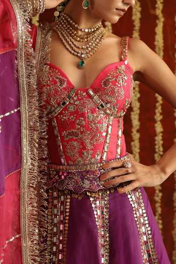 Shop Aaroh By Dolly Purple Dupion, Silk Organza Sunehri Saanjh Embroidered Corset Lehenga Set Online at Aza Fashions Shop_Aaroh By Dolly_Purple Dupion, Silk Organza Sunehri Saanjh Embroidered Corset Lehenga Set _Online_at_Aza_Fashions