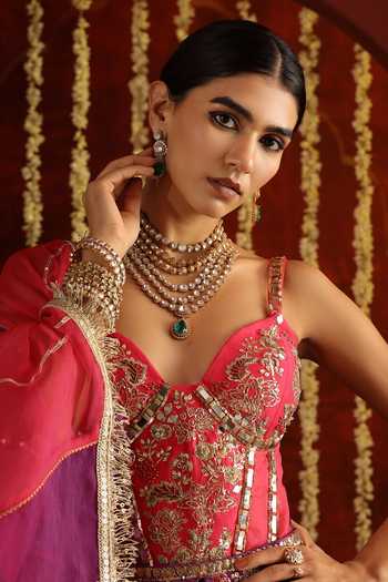 Aaroh By Dolly Purple Dupion, Silk Organza Sunehri Saanjh Embroidered Corset Lehenga Set at Aza Fashions Aaroh By Dolly_Purple Dupion, Silk Organza Sunehri Saanjh Embroidered Corset Lehenga Set _at_Aza_Fashions