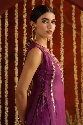 Aaroh By Dolly Purple Silk, Organza, Muslin, Sunehri Saanjh Floral Embroidered Cape Sharara Set Online at Aza Fashions Aaroh By Dolly_Purple Silk, Organza, Muslin, Sunehri Saanjh Floral Embroidered Cape Sharara Set _Online_at_Aza_Fashions