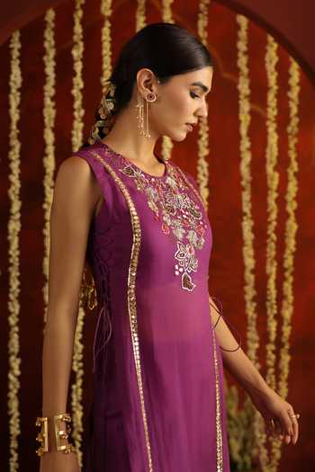 Buy Aaroh By Dolly Purple Silk, Organza, Muslin, Sunehri Saanjh Floral Embroidered Cape Sharara Set Online at Aza Fashions Buy_Aaroh By Dolly_Purple Silk, Organza, Muslin, Sunehri Saanjh Floral Embroidered Cape Sharara Set _Online_at_Aza_Fashions