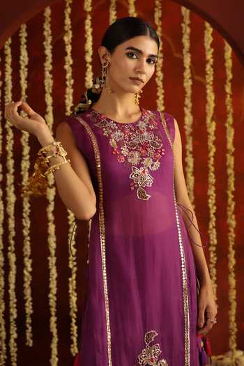 Shop Aaroh By Dolly Purple Silk, Organza, Muslin, Sunehri Saanjh Floral Embroidered Cape Sharara Set Online at Aza Fashions Shop_Aaroh By Dolly_Purple Silk, Organza, Muslin, Sunehri Saanjh Floral Embroidered Cape Sharara Set _Online_at_Aza_Fashions